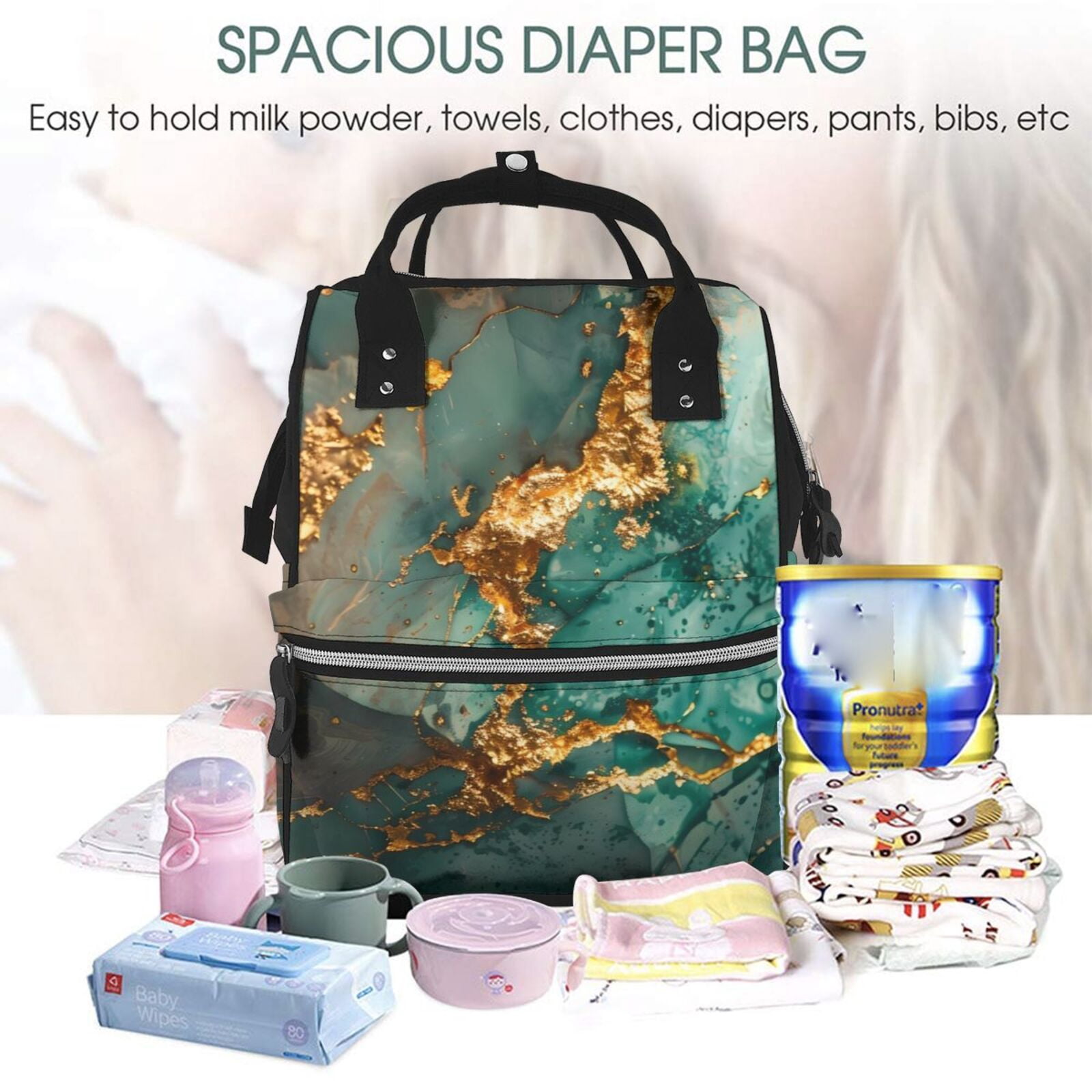 Ratiio Emerald Color Gold Marble Mummy Backpack - Waterproof Twill Canvas, Large Capacity Diaper Bag with Multiple Pockets and Adjustable Straps