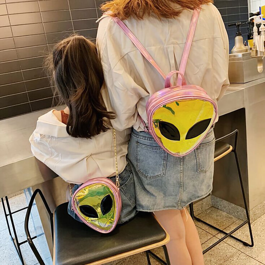 Women's Alien Cartoon PVC Hologram School Bag Backpack Clear Purses Travel Bags 