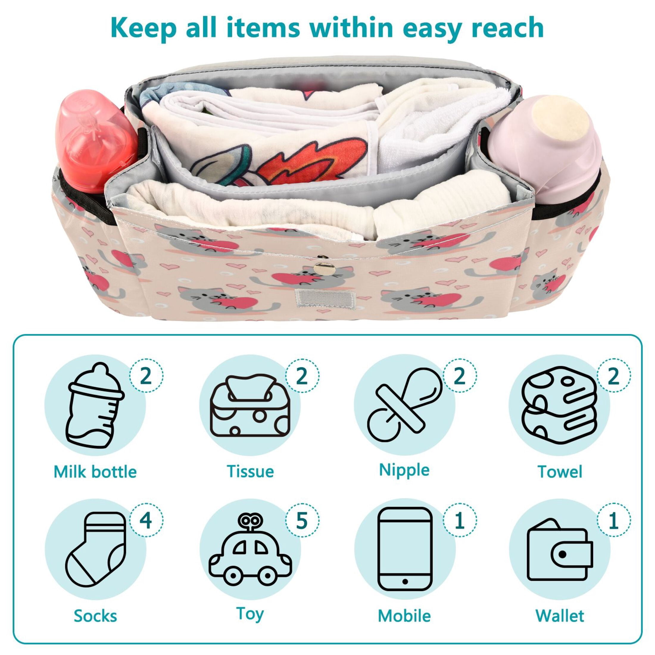 DIXRUYEE Stroller Organizer Cute Cat Heart Printed