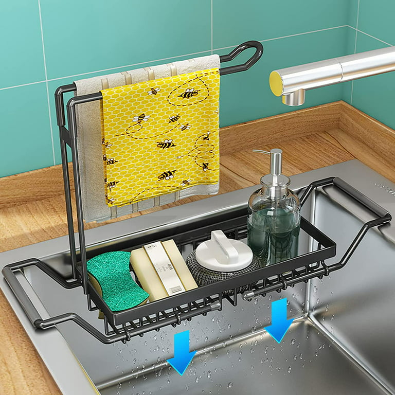 Fozuanei Sponge Holder for Kitchen Sink Expandable Sink Caddy Organizer with Dishcloth Towel Holder Telescopic Stainless Steel Sink Rack Adjustable Drain