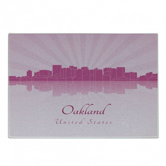 Oakland Cutting Board, Calligraphic Modern Illustration with a City Skyline, Decorative Tempered Glass Cutting and Serving Board, in 3 Sizes, by Ambesonne