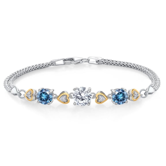Gem Stone King 925 Sterling Silver and 10k Yellow Gold Moissanite Persian Blue Moissanite and Lab Grown Diamond Bracelet for Women (2.88 Cttw, Round 7MM & 6MM, 6.5/7/7.5 inch, Made in Italy)
