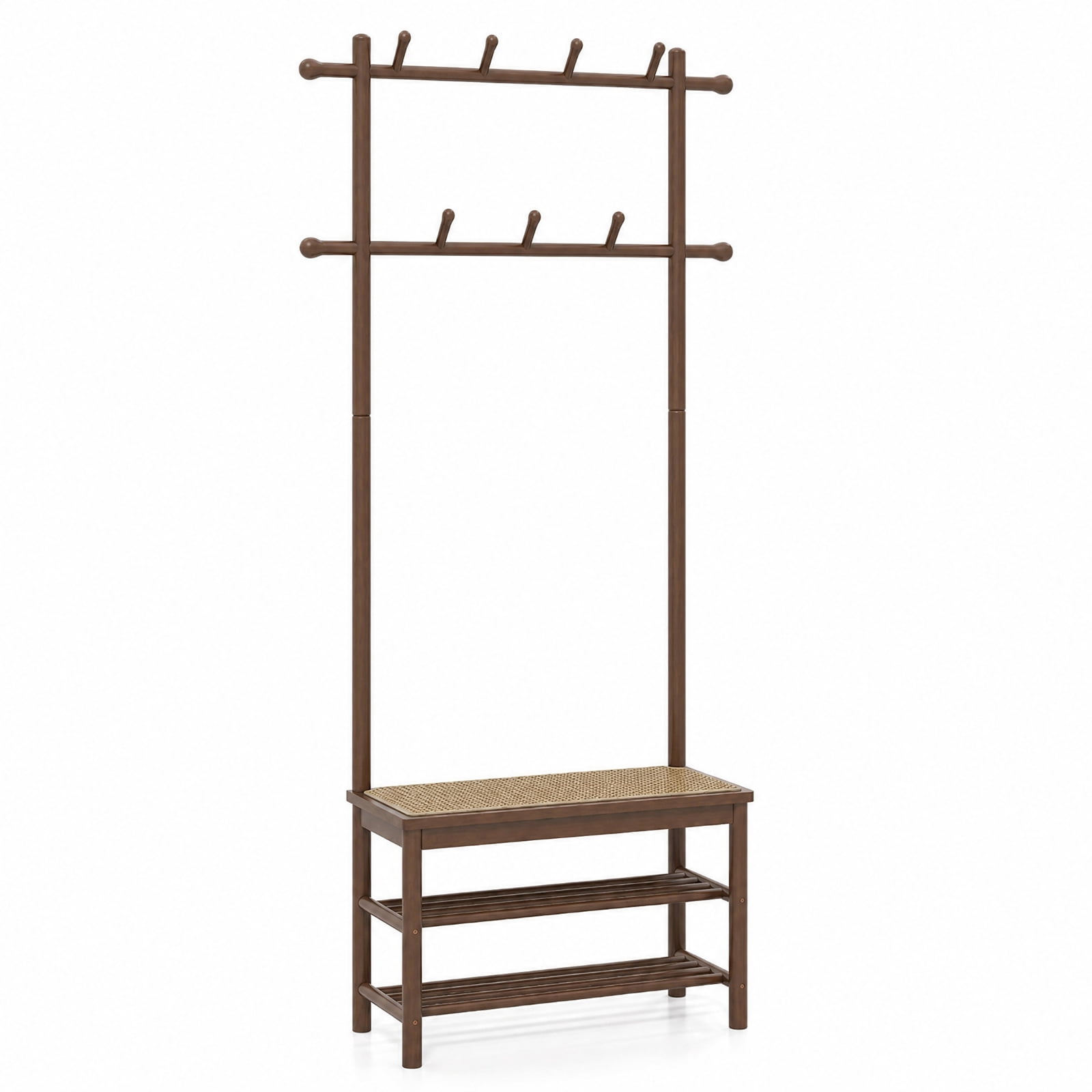 Furnibear 3 in 1 Bamboo Hall Tree Coat Rack with Bench and Shoe Storage and 11 Hooks for Entryway and Foyer and Hallway, Brown
