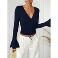 thumbnail image 4 of Weardear Women's V Neck Ruched Self-Tie T-Shirt Slim Fit Flare Long Sleeve Basic Tops, 4 of 5