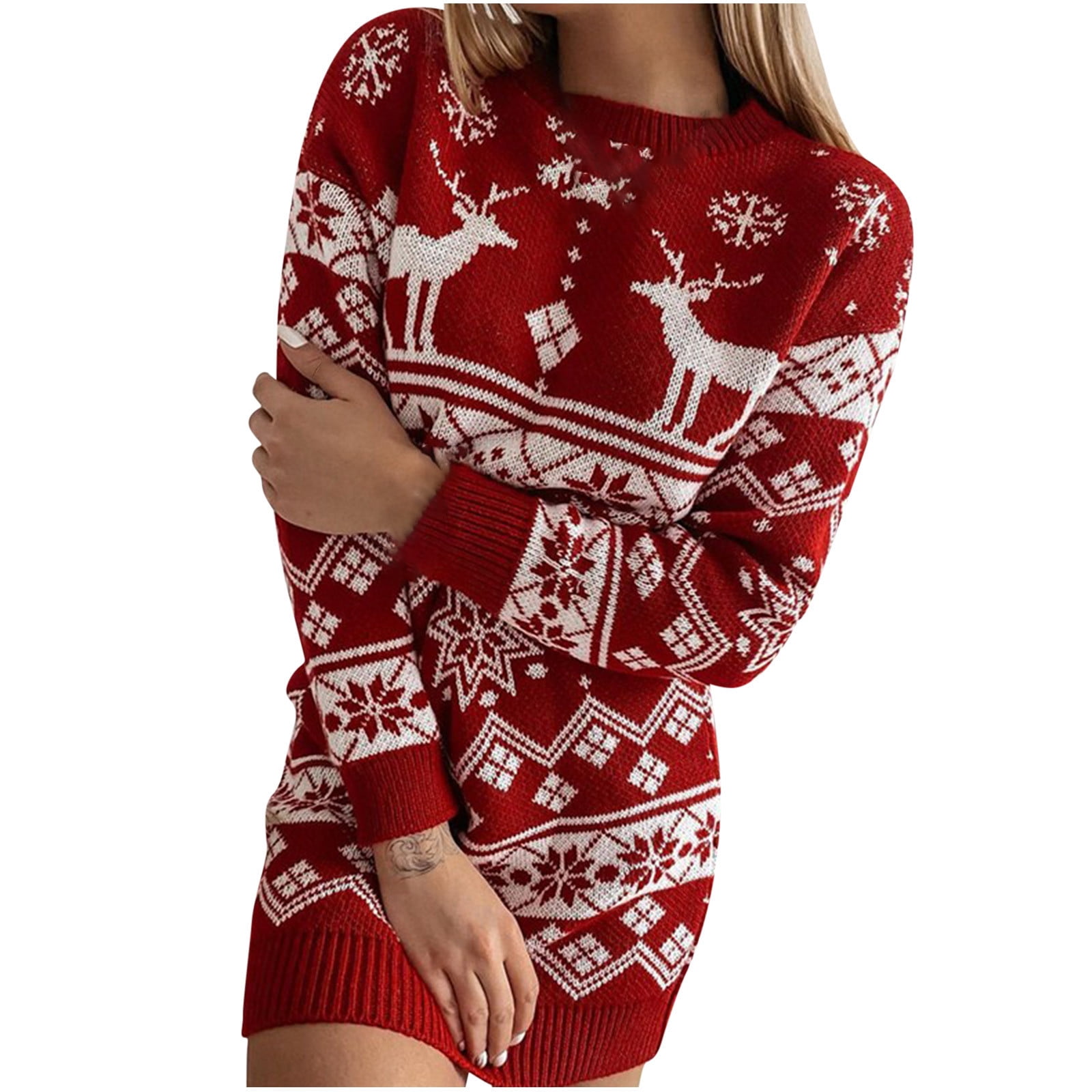 KIJBLAE Rollbacks Women's Christmas Sweater Dress Long Sleeved Sweater Xmas  Elk Xmas Tree Print V-neck Knit Dress Casual Belted Dress Red XXL 