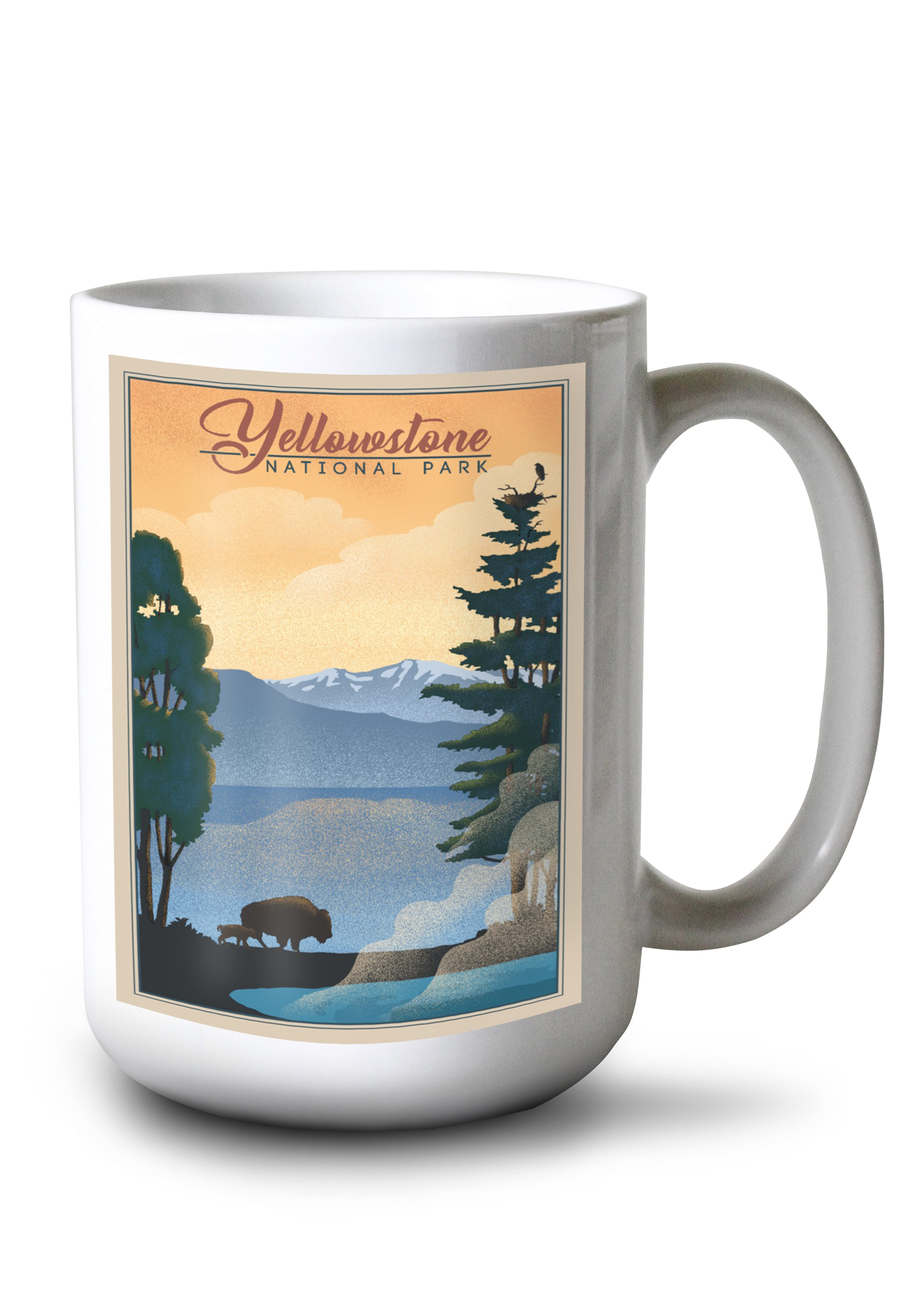 15 fl oz Ceramic Mug, Yellowstone National Park, Bison and Lake