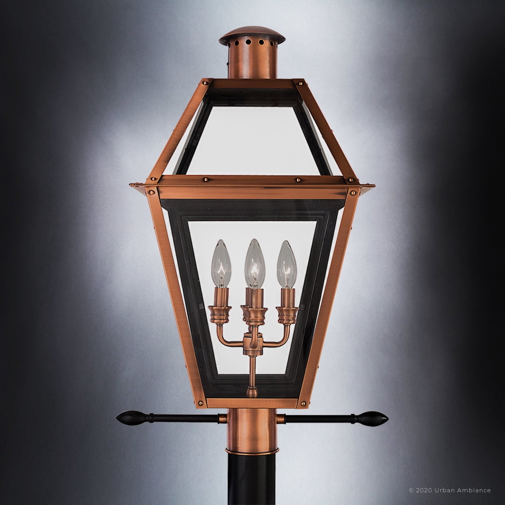 Luxury Historic Outdoor Post Light, 26''H x 17''W, with Tudor Style Elements, French Country Design, Rustic Copper Finish and Clear Glass, UQL1373
