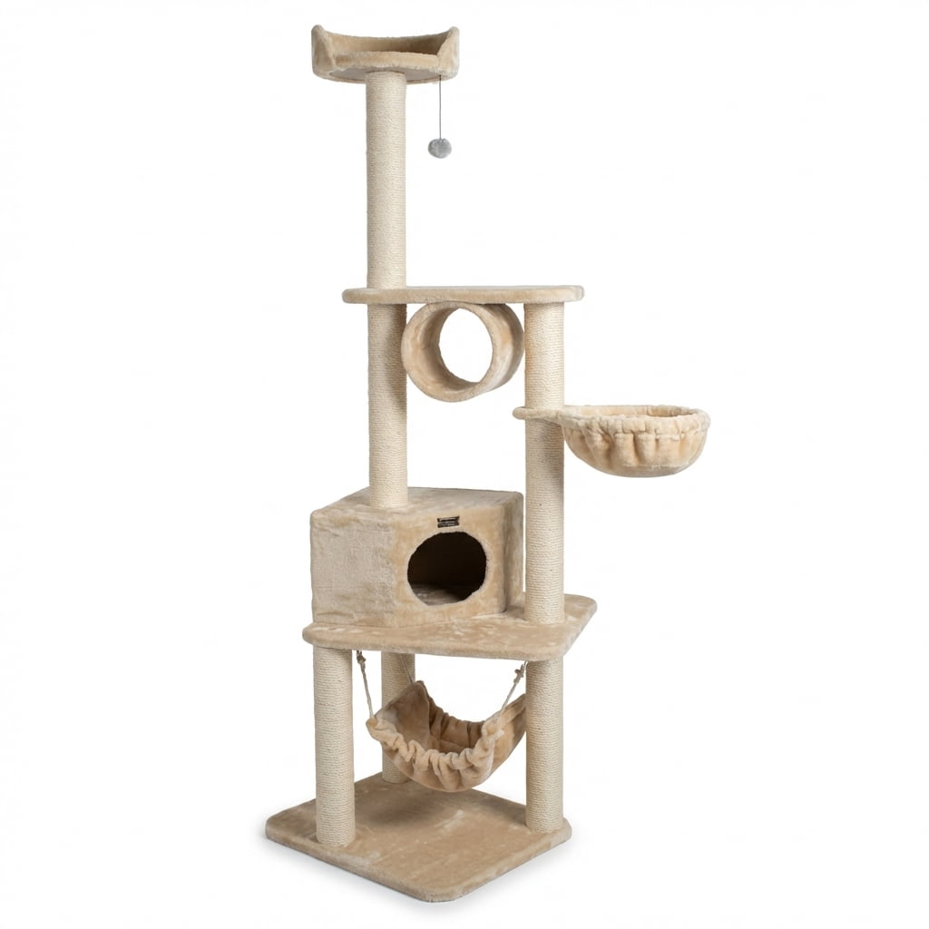 Cat Tree Tower, 72 Inch Tall Activity Center with Cozy Condo, Deep Hammock, Sisal Scratching Posts, Top Perch, Beige