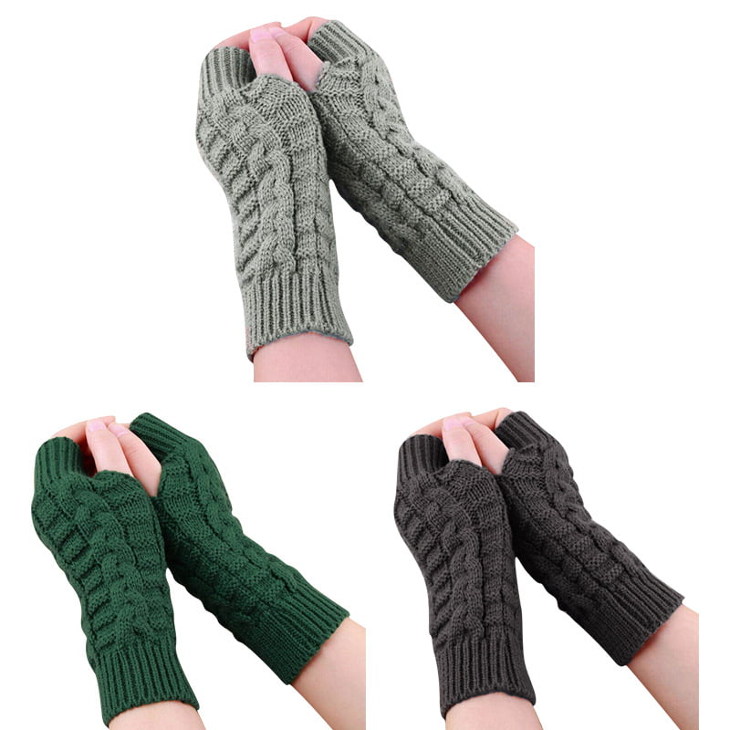 Women Winter Gloves Fingerless Knitted Wool Arm Warmer Solid Warm Thermal Long Mittens with Thumb Hole 