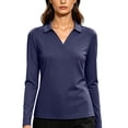 thumbnail image 2 of ClodeEU Women's Lapel V Neck Long Sleeve Top,Solid Color Casual Slim Fit Pullover Shirt Navy,Women's Plus XL, 2 of 7