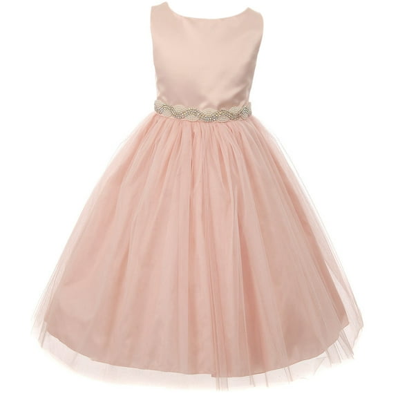 Little Girls Dress Satin Pearl Rhinestones Tulle Pageant Party Flower Girl Dress Blush Size 2 (K64K43)