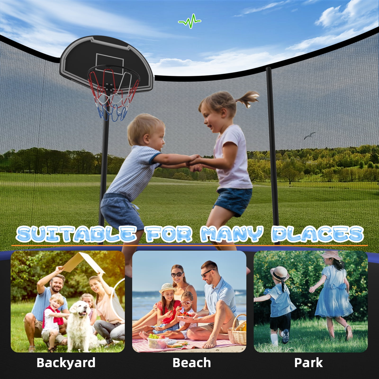 SENCHO GINSYTALIOR 10FT Outdoor Trampoline for Kids and Adults, Backyard Trampoline with Basketball Hoop , Enclosure Net and Ladder, Heavy Duty Trampoline Capacity for 2-6 Kids(10FT,Blue）