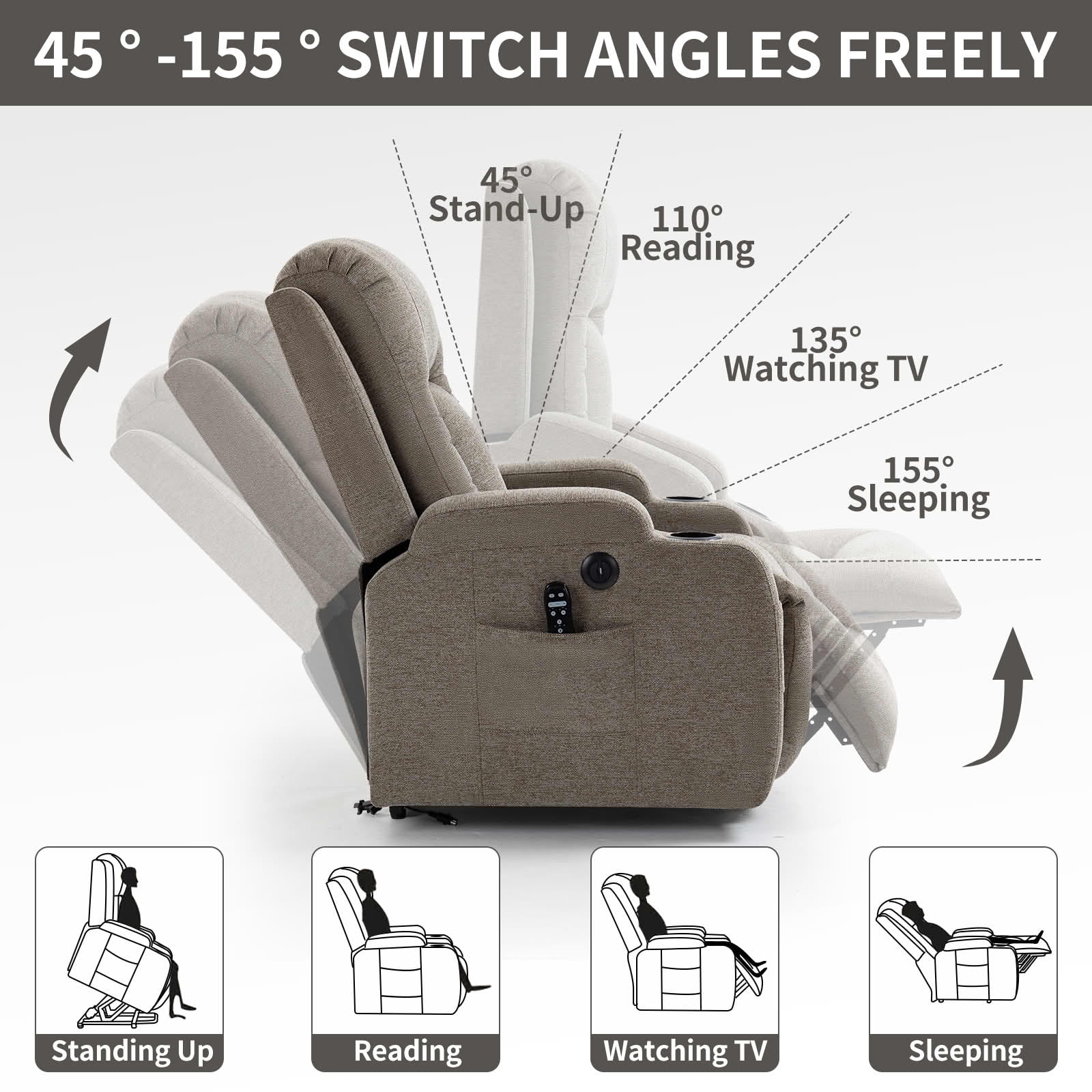 MAYEERTY Beige PU 350lbs Power Lift Recliner Chair, 8-Point Massage Heat USB Cup Holders 40"x36"x45" for Elderly