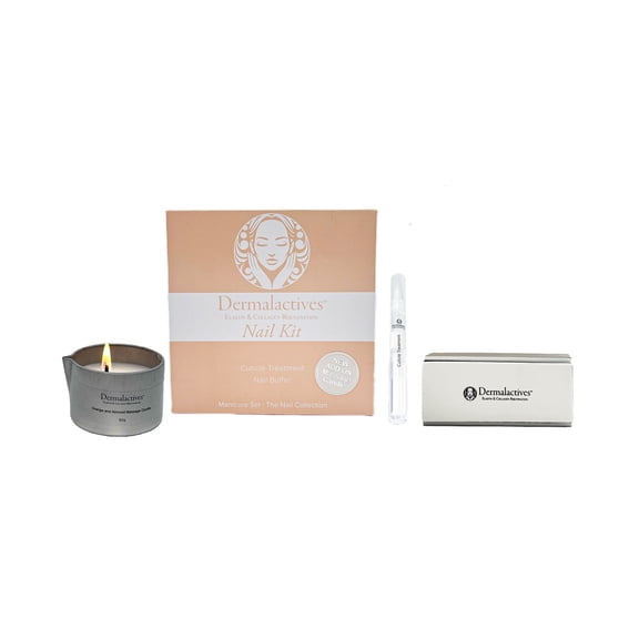 Dermalactives Complete Nail Rejuvenation Kit including Cuticle Oil, Nail Buffer, and Orange Almond Massage Candle - Manicure Nail Care Treatment Set