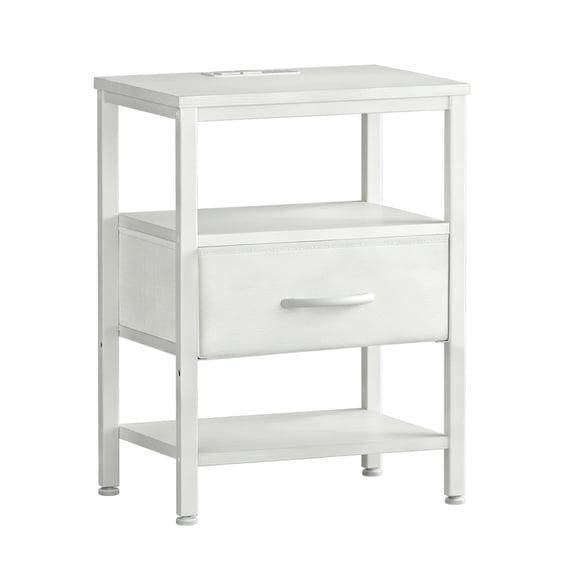 Nextay White 1-Drawer Nightstand with Charging Station, Compact Bedside Table with USB Ports and AC Socket, Fabric Drawer Storage for Bedroom
