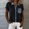 thumbnail image 4 of Miluxas Women's Denim Patchwork Button Down Blouse Short Sleeve Turn Down Collar Top with Pocket Casual Summer Shirts Black, 4 of 5