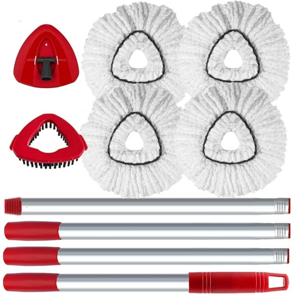 MSOEIA Spin Mop Head and Brush Replacement Compatible with O Cedar EasyWring 1-Tank System, 4 Mop Replace Heads, 1 Handle, 1 Base and 1 Scrub Brush Combo Set