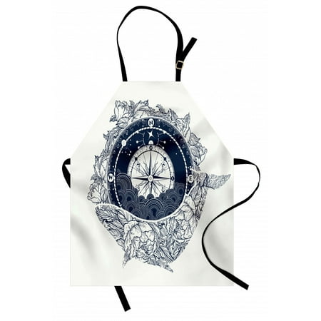 

Adventure Apron Antique Marine Compass and Floral Whale Figure Mystical Victorian Vintage Unisex Kitchen Bib Apron with Adjustable Neck for Cooking Baking Gardening Dark Blue White by Ambesonne