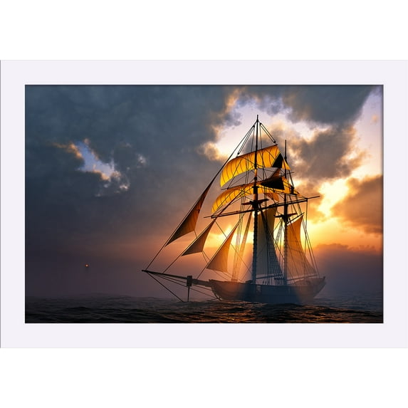 Sail Boat at Sunset - Lantern Press Photography (18x12 Giclee Art Print, Gallery Framed, White Wood)