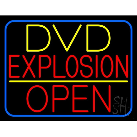 Red Dvd Explosion Open Blue Border LED Neon Sign 24 x 31 - inches, Clear Edge Cut Acrylic Backing, with Dimmer - Bright and Premium built indoor LED Neon Sign for Computer & Electronics store decor.