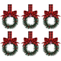Yucurem 5.1 Inch Mini Christmas Cabinet Wreath, 6PCS Small Christmas Kitchen Wreaths with Bow Ribbon for Xmas Window Door Chair Fireplace Table Centerpiece Indoor Outdoor Decor