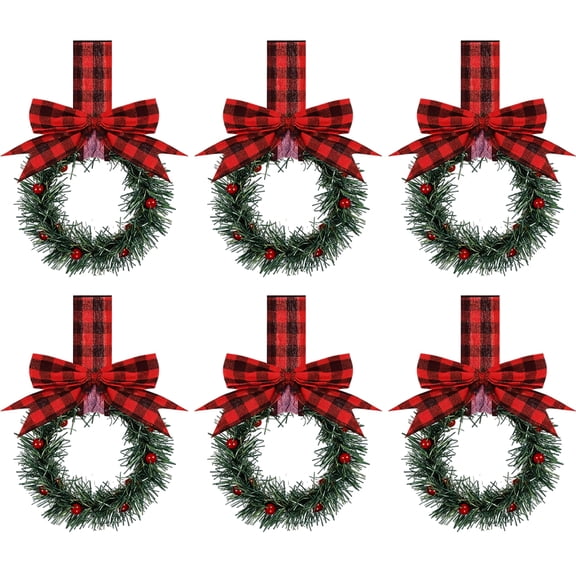 Yucurem 5.1 Inch Mini Christmas Cabinet Wreath, 6PCS Small Christmas Kitchen Wreaths with Bow Ribbon for Xmas Window Door Chair Fireplace Table Centerpiece Indoor Outdoor Decor