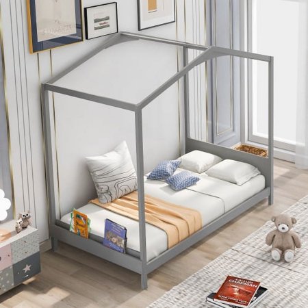 House Bed Twin Size Kids Bed Frame with Roof  Twin Size House Bed with Headboard for Kids Boys Girls Teens  No Box Spring Needed  Gray
