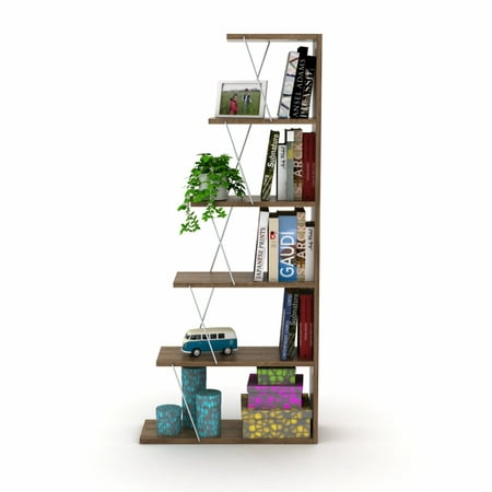 

Bookshelf 5-Tier Bookcase Narrow Storage Rack Shelf Tall Ladder Shelf Organizer Display Shelf with Steel Frame Vintage Standing Shelf for Home Office Living Room Bedroom Kitchen (Walnut/Chrome