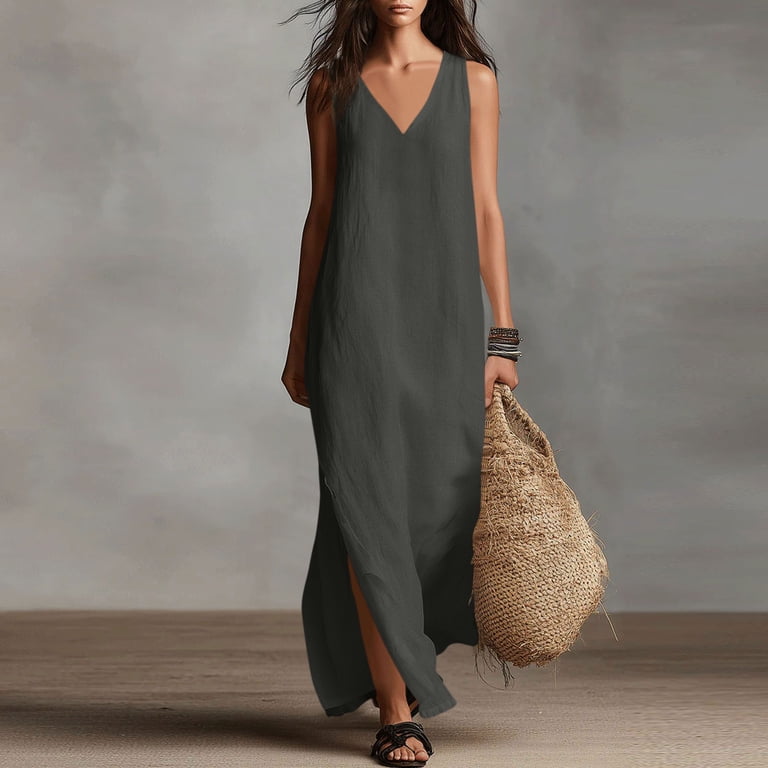 VBVC Women's and Women's Plus Cotton Linen Maxi Dress , Ladies' Sleeveless V Neck Side Split Dress , Summer Beach Vacation Dresses For 