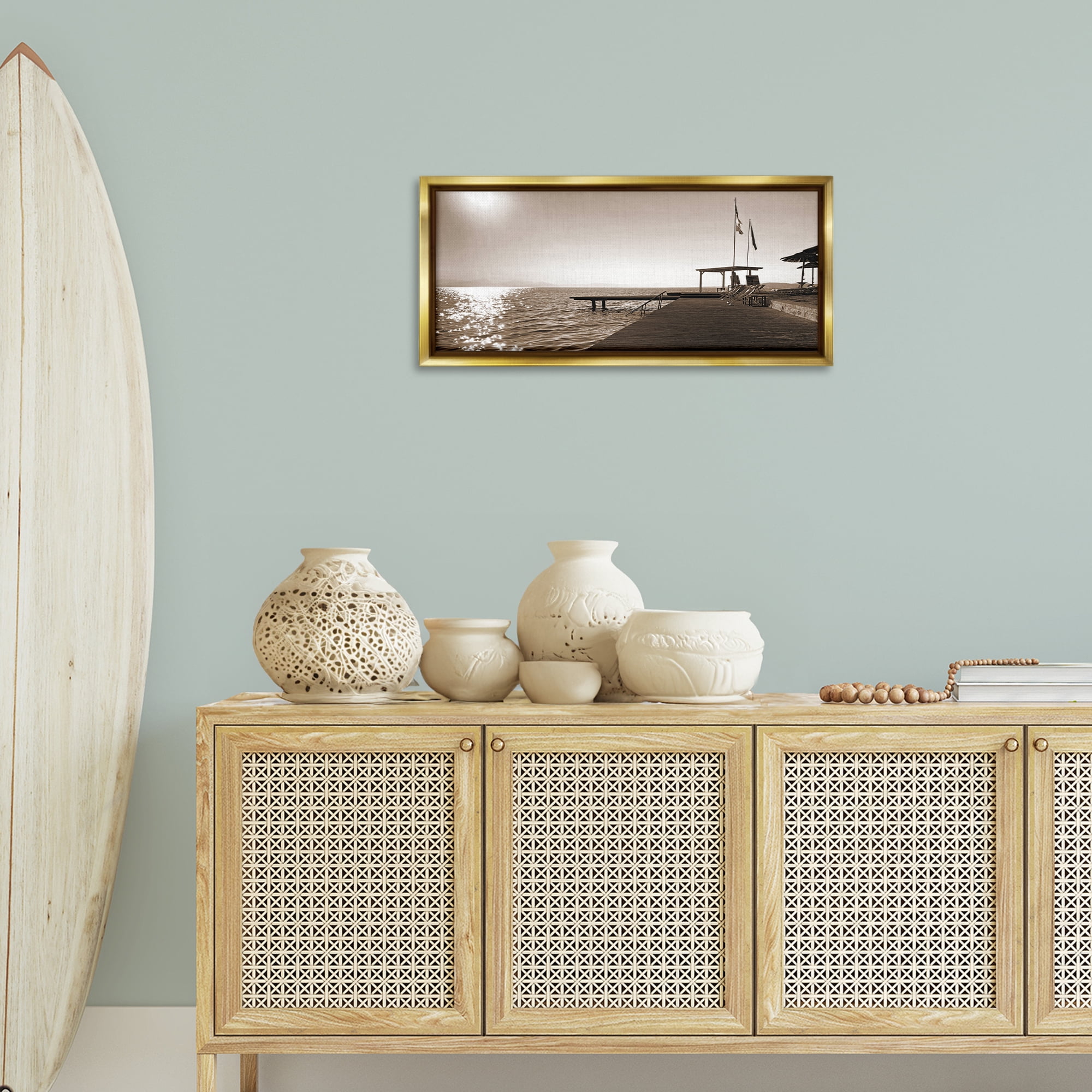Stupell Industries On Deck Summer Scene Coastal Photography Gold Floater Framed Canvas Art Print Wall Art, 31 x 14