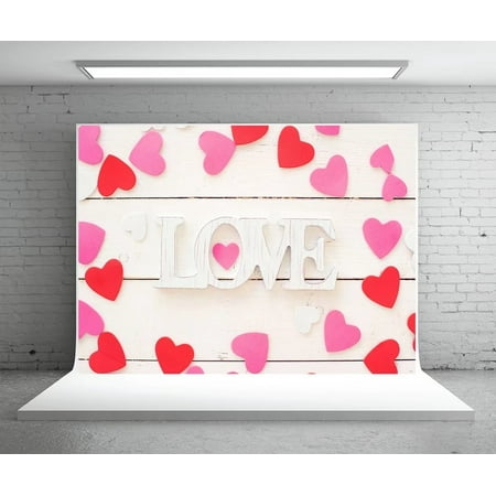 HelloDecor 7x5ft Valentine's Day Photography Backdrops White Wood Pink Heart Photo Booth Prop for Parties Decoration Background