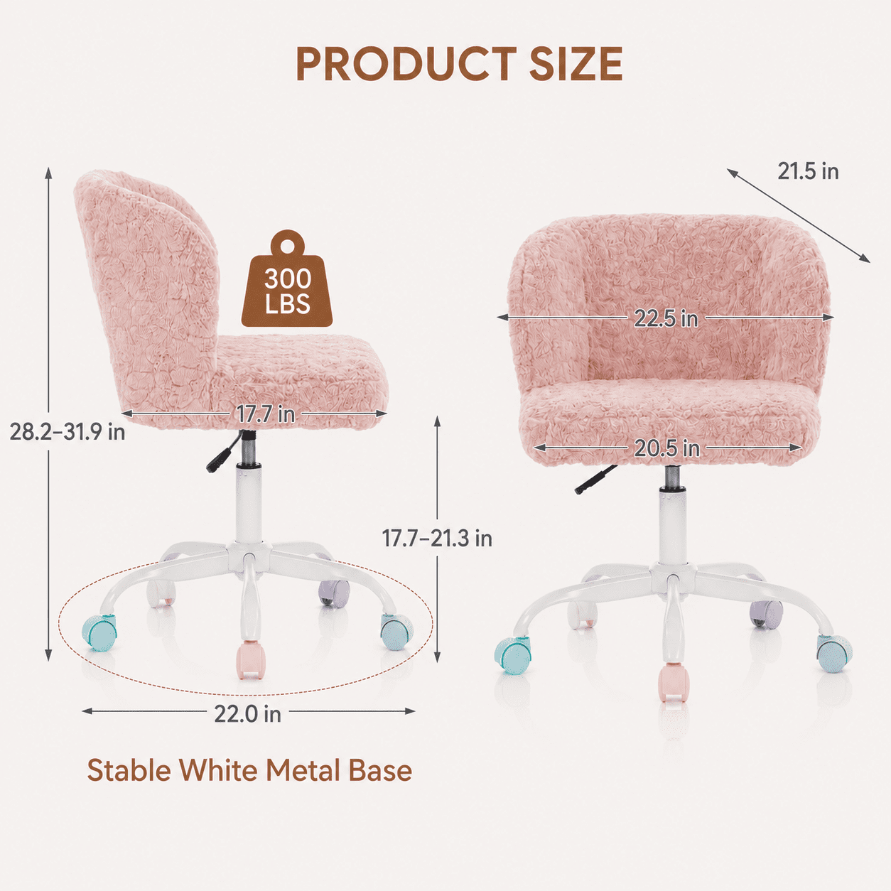 PAPROOS Vanity Chair with Wheels, Home Office Chair, Cute Makeup Desk Chair with Artificial Alpaca Wool Fabric, Adjustable Swivel Task Computer Chair for Bedroom, Pink