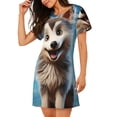 thumbnail image 2 of Honeii Blue Sky Cute Wolf Print Women's Loose Short Sleeve Nightgown, Soft Cotton Sleepwear, Comfy Loose Fit Pajama Dress for Sleep and Lounge, 2 of 6