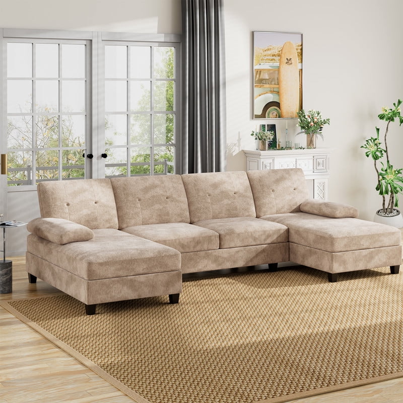 Walsunny Modern U-Shaped Sectional Sleeper Sofa with 4 Deep Seat, Modular Cloud Oversized Sofa Couch with Chenille Fabric & Double Chaise for Apartment, Khaki