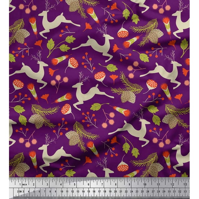 Soimoi Crepe Silk Fabric Leaves & Reindeer Animal Decor Fabric Printed Yard 42 Inch Wide