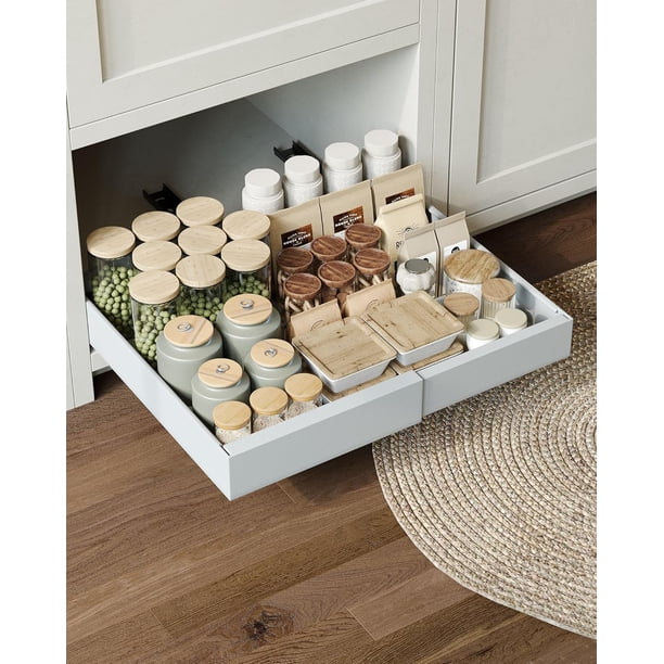 Cajones Organizador Bajo Fregadero, 2 Niveles Organizador de Cocina con 3 Rieles Adhesivo, Ajuste de altura en 6 niveles, Adecuado para Cocina Baño. Anchura 32-52 cm Ajustable