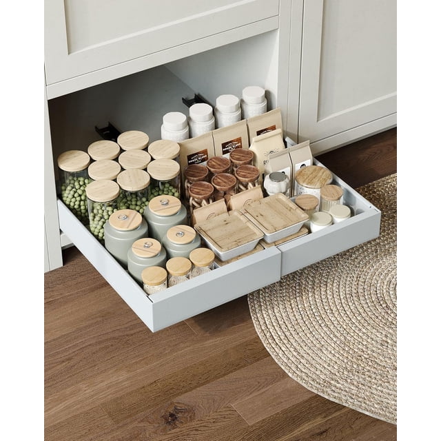 Cajones Organizador Bajo Fregadero, 2 Niveles Organizador de Cocina con 3 Rieles Adhesivo, Ajuste de altura en 6 niveles, Adecuado para Cocina Baño. Anchura 32-52 cm Ajustable