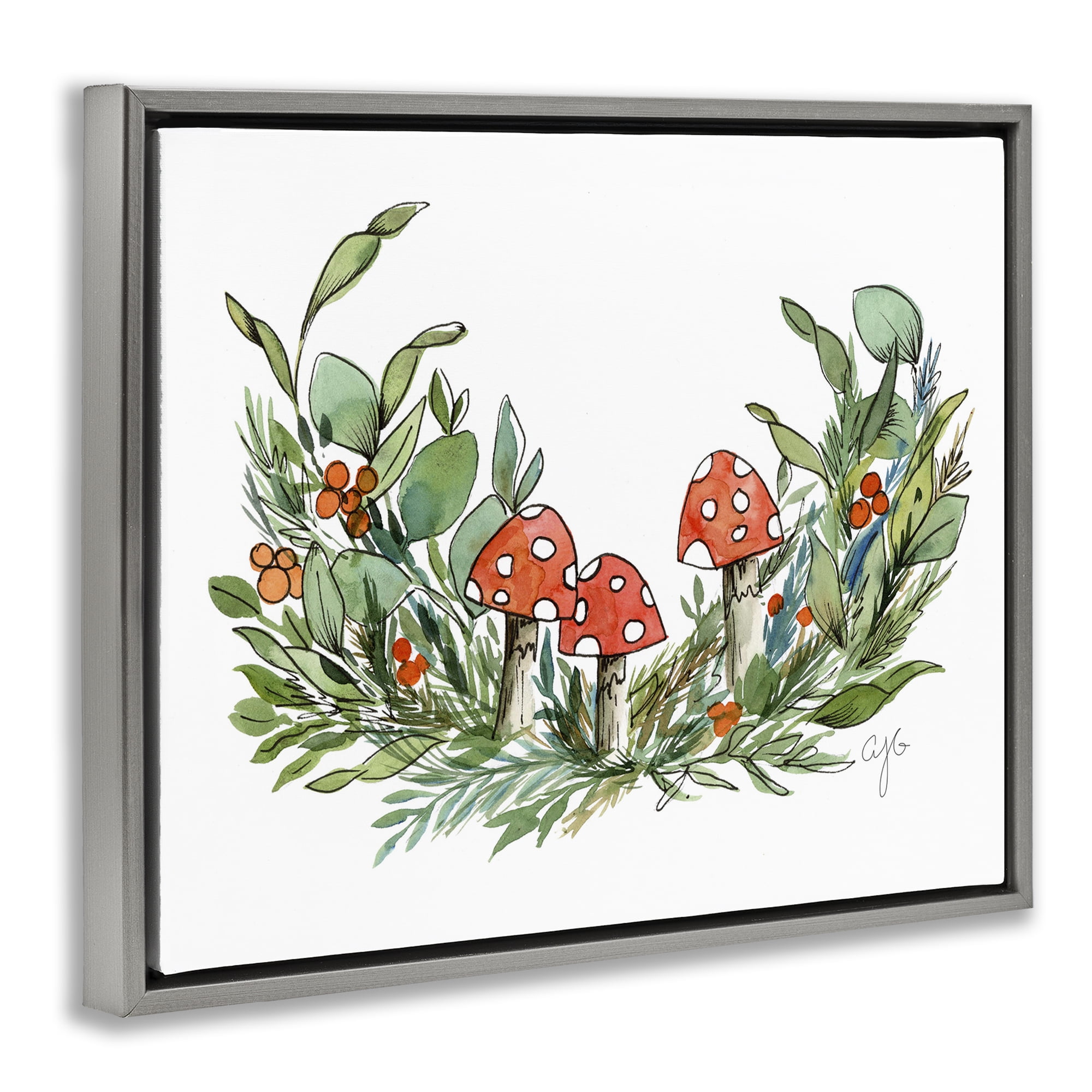 Stupell Industries Mushrooms and Greens Plants & Flowers Painting Gray Floater Framed Canvas Art Print Wall Art, 31 x 25