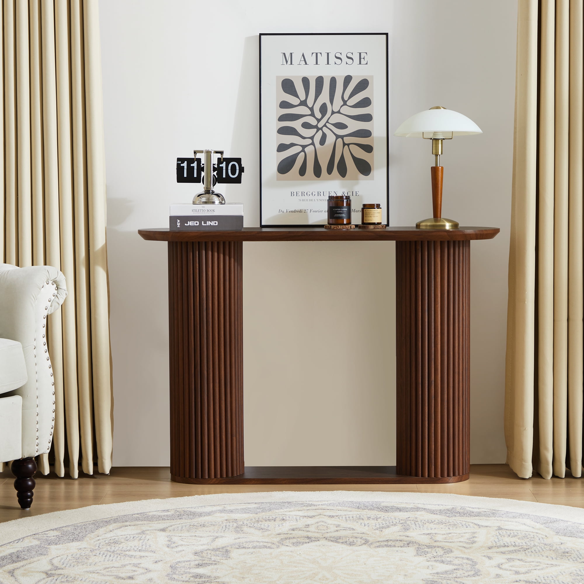 PHOYAL 42.51" Long Walnut Console Table with Vertical Stripe, Oval Fluted Sofa Table with Curved Edge Design for Entryway Hallway Living Room