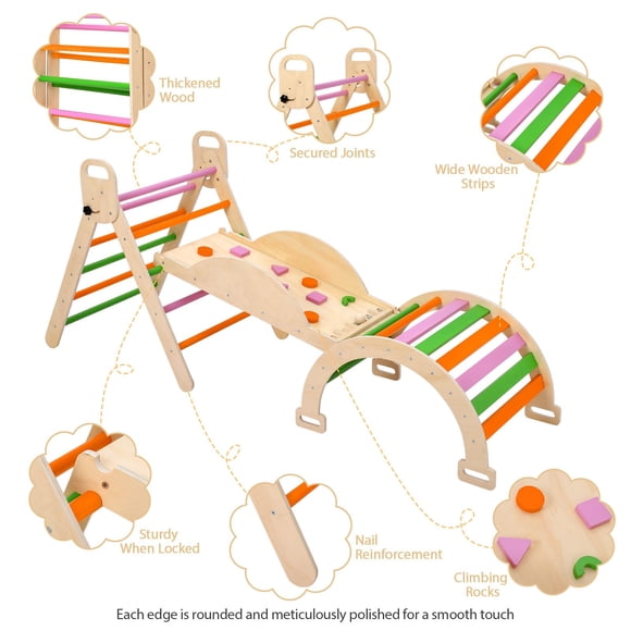 Set de Escalada 9 en 1 para Niños, Gimnasio de Madera con Triángulo y Arco Balancín, Rampa Reversible y Tienda – Método Educativo para Interior y Exterior