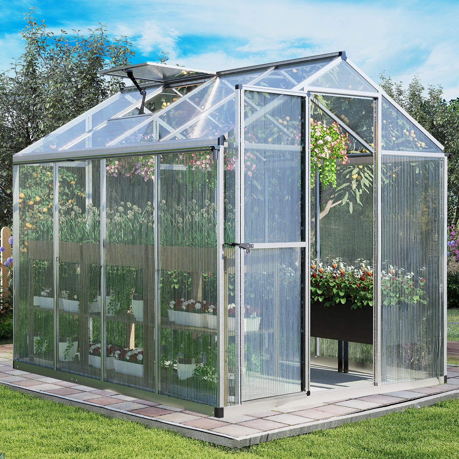 Aoodor 6' x 8' Outdoor Greenhouse, Walk-in Polycarbonate Greenhouse with Aluminum Frame for Outside Backyard, Silver
