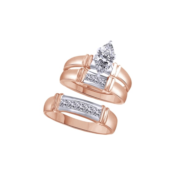 AFFY White Cubic Zirconia Engagement & Wedding Trio Fashion Ring Set In 14k Rose Gold (1.5 Cttw)