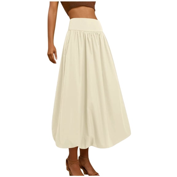 Unir Women Unique Rounded Balloon Bubble Hem Swing A-Line Midi Skirt Wide Gathered Elastic High Waist 180 Brushed Milk Silk Side Pocket Resort Elegant Casual Long Bottom 1PC S-XL Plus Size Friendly