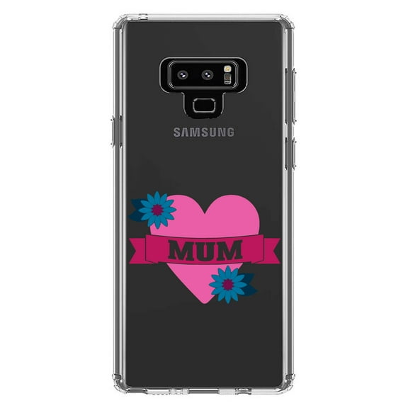 DistinctInk Clear Shockproof Hybrid Case for Samsung Galaxy Note 9 - TPU Bumper Acrylic Back Tempered Glass Screen Protector - Love Mum - Flower Heart Banner