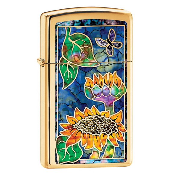 Zippo Lighter: Slim Fusion Sunflowers - High Polish Brass 79785