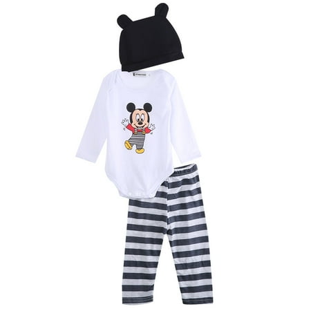 

Genuiskids Newborn Baby Girl Boy 3Pcs Outfit Set Infant Long Sleeve Classical Mouse Printed Envelope Neckline Romper Long Polka Dot Pants Beanie Hat Set