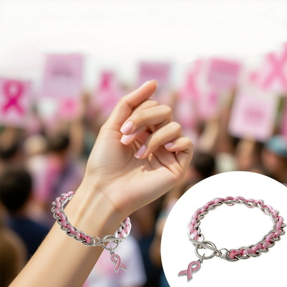 Pink Ribbon Breast Cancer Awareness Bracelet for Women,Chain Woven Heart Charm Alloy Jewelry,Inspirational Charity Gift for Survivors & Supporters