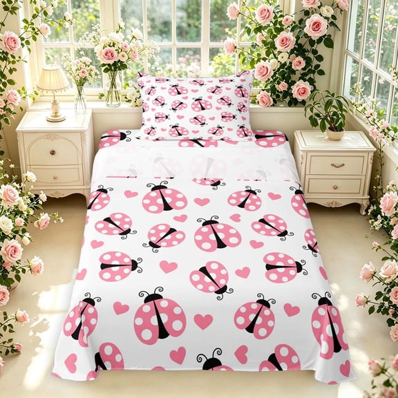 Erosebridal Bug Ladybug Twin Sheets,Kawaii Heart Print Bedding,White Pink,3 Pieces,1 Flat Sheet,1 Fitted Sheet and 1 Pillowcase
