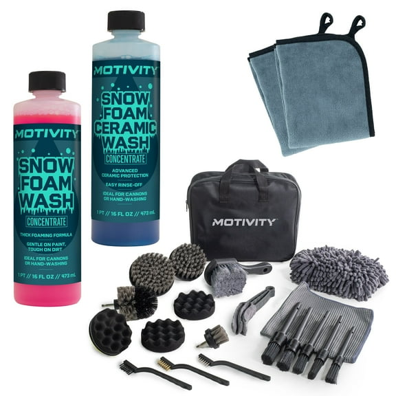 MOTIVITY Dual Foaming Wash Kit - Includes Snow and Ceramic Foaming Washes, 21-Piece Detailing Kit, and Microfiber Cleaning Cloths - Complete Auto Cleaning Set