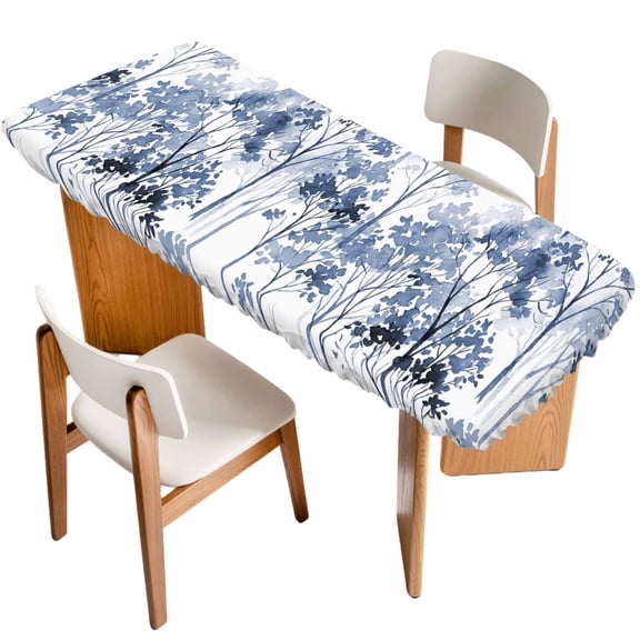 Watercolor Forest Blue Table Cloths for 8 Foot Rectangle Tables, Abstract Art Modern Trees Patio Waterproof Elastic Fitted Tablecloths, Washable Rectangular Table Cover for Camping